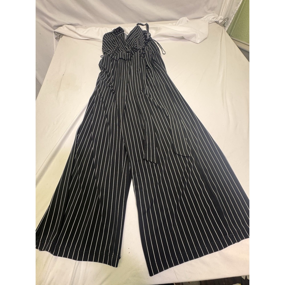 Kaleigh Romper Jumpsuit Medium Black Stripe Spaghetti Strap Wide LegCoquette Y2K